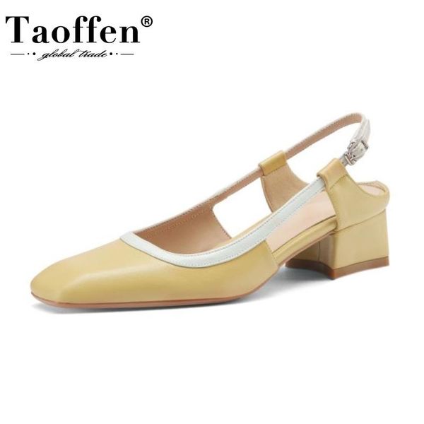 

sandals taoffen real leather women buckle strap high heel summer shoes woman square toe office lady daily footwear size 34-39, Black
