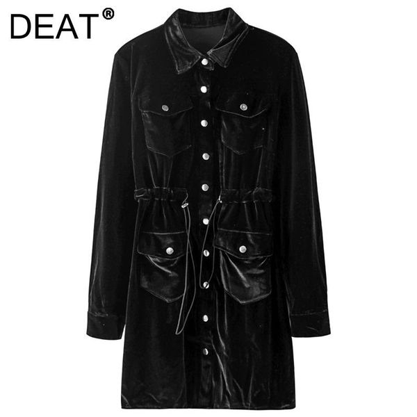 

casual dresses [deat] 2021 autumn fashion tide turn-down collar long sleeve single-breasted velvet temperament loose dress women 13z1702, Black;gray