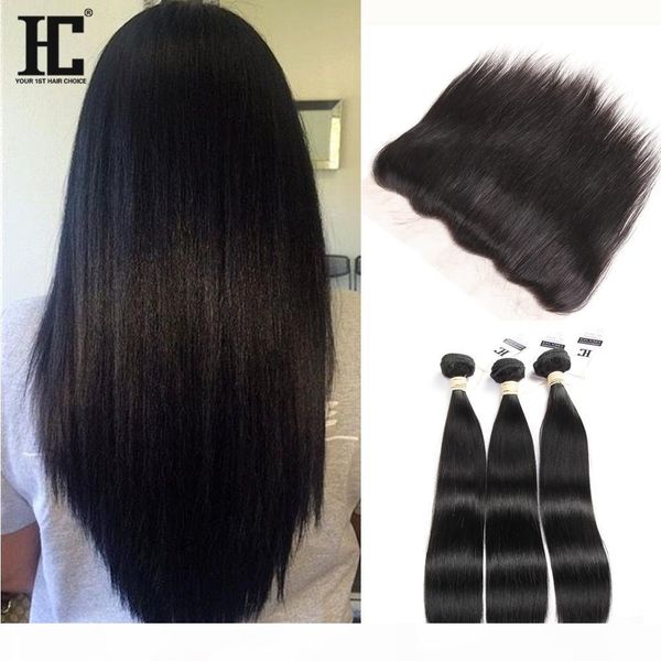 

hc hair 8a brazilian virgin hair with closure brazilian straight hair with closure ear to ear lace frontal closure with bundles, Black