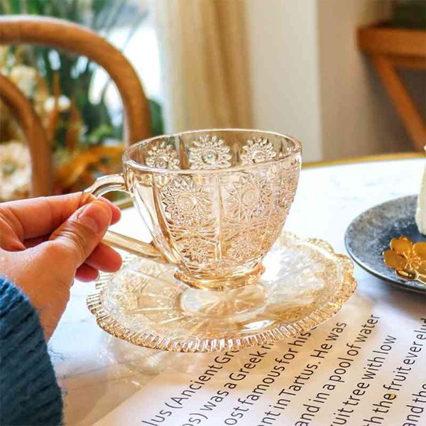 Café de vidro e pires conjunto criativo europeu alívio vintage girassol copo de leite para café da manhã chá