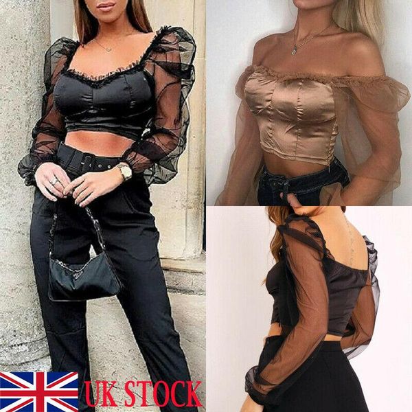 

women's tanks & camis festival rave hip hop puff mesh sleeve crop uk seller, White