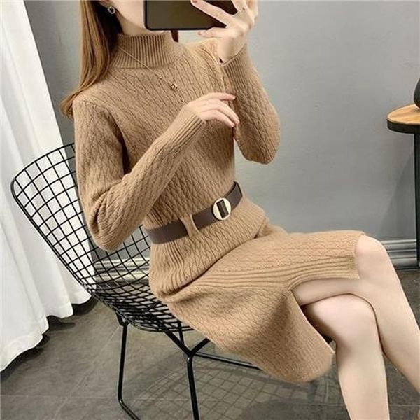 

casual dresses mid-length autumn and winter knit dress women 2021 fashion solid color long-sleeved striped sweater, Black;gray