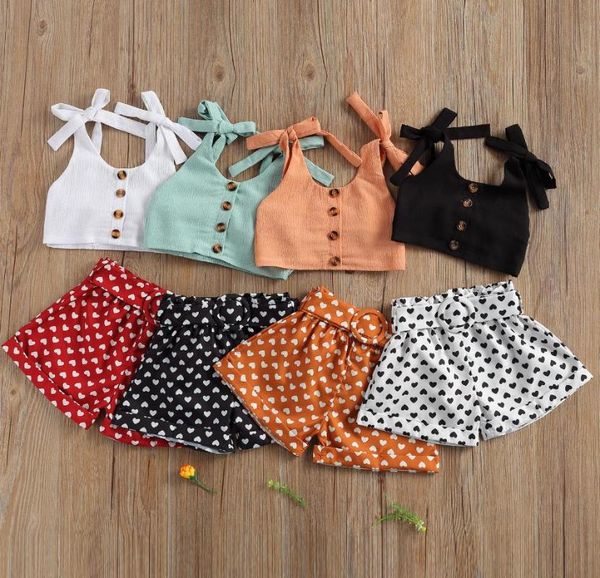 

clothing sets girl kids summer two piece set fashion solid color bandage suspender vest elastic heart short pants children's, White