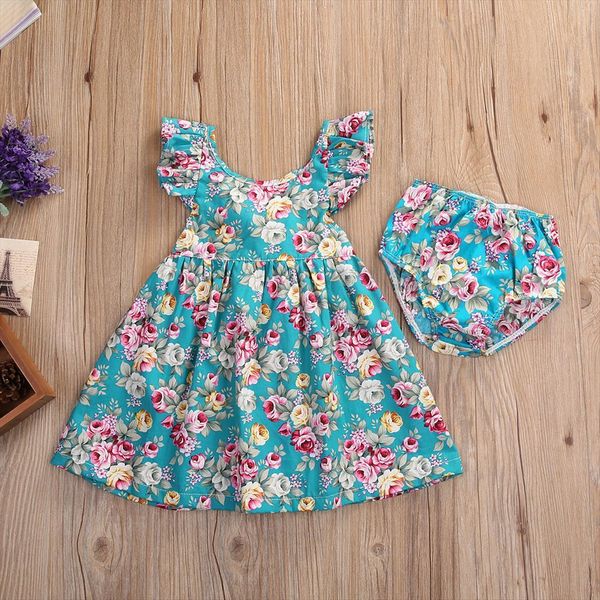 

2pcs kid clothing set girl dresses newborn baby clothes summer floral ruffle dress sundress briefs outfits, Red;yellow