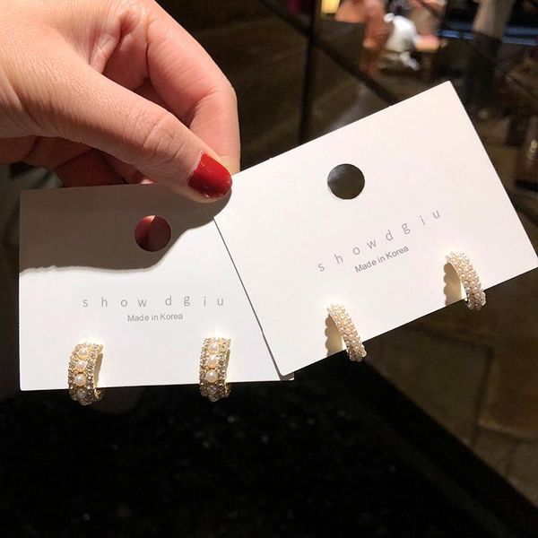 

hoop & huggie korean dongdaemun elegant all match pearl earrings women's retro affordable luxury rhinestone c- shaped earring ring/stud, Golden;silver