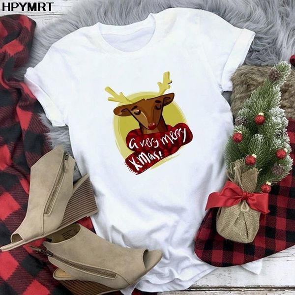 

fashion merry christmas streetwear casual womens t shirt o neck summer female tee shirts women reindeer, White