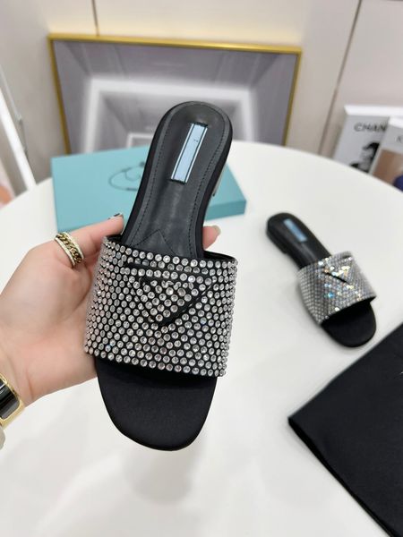

2022 fashion trend imitation crystal decorative satin slippers leather soles sheepskin lining size 35-42, Black