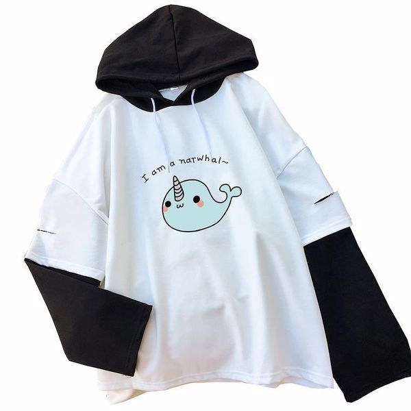

women harajuku hoodies autumn spring cotton patchwork cute kawaii unicorn printed sweatshirt kpop cartoon whale coat clothes, Black