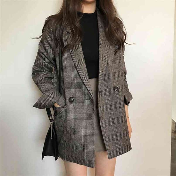 Elegante outono inverno xadrez mulheres blazer casaco causal manga longa tweed curto escritório senhoras bolso terno 210529