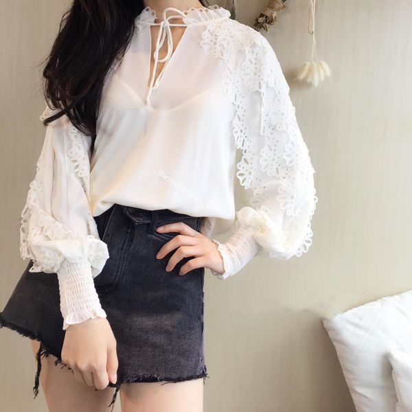 

2021 new duas peas blusa feminina manga longa lanterna floral oco para fora retalhos arco doce camisa primavera e vero vlw0, Black