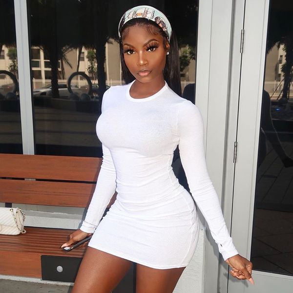 

long sleeve ribbed bodycon women party dresses autumn winter 2021 fashion skinny solid mini dress o-neck clubwear, Black;gray