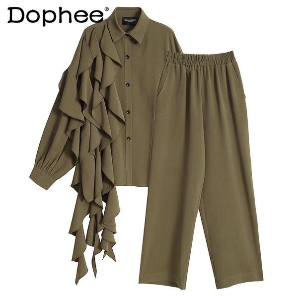 

women's two piece pants women and suit hong kong style irregular ruffled stitching blouse 2021 spring shirt wide leg female 2 sets, White