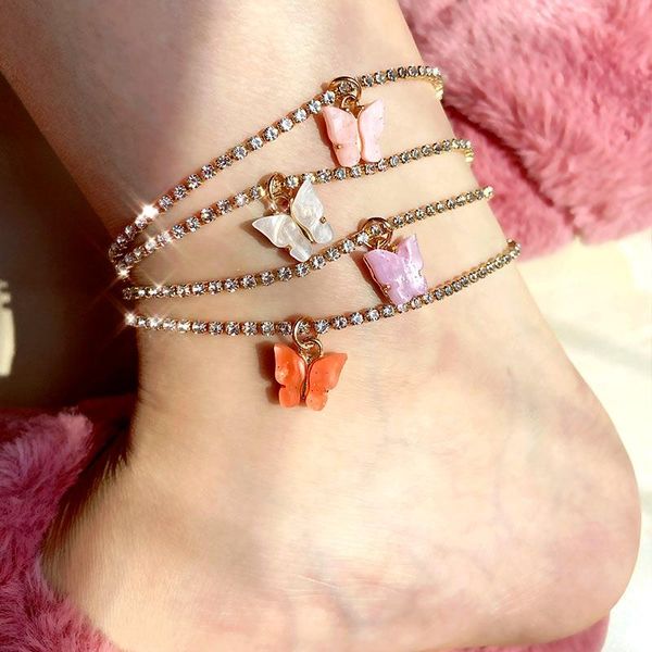 

anklets just feel 2pcs/set multicolor acrylic butterfly anklet bracelet women shiny rhinestone tennis chain beach foot jewelry, Red;blue