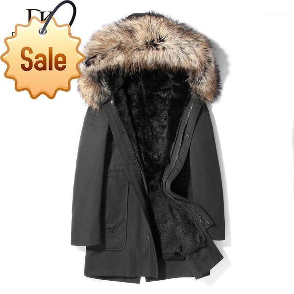 

men warm winter coat real fur liner racoon collar hooded jacket thick outerwear luxury p82031 men's leather & faux, Black