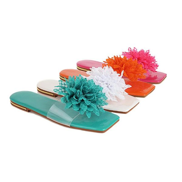 

new 2021 ladies summer outside modern slippers for women flat plastic square peep toe green transparent flower fashion slippers, Black