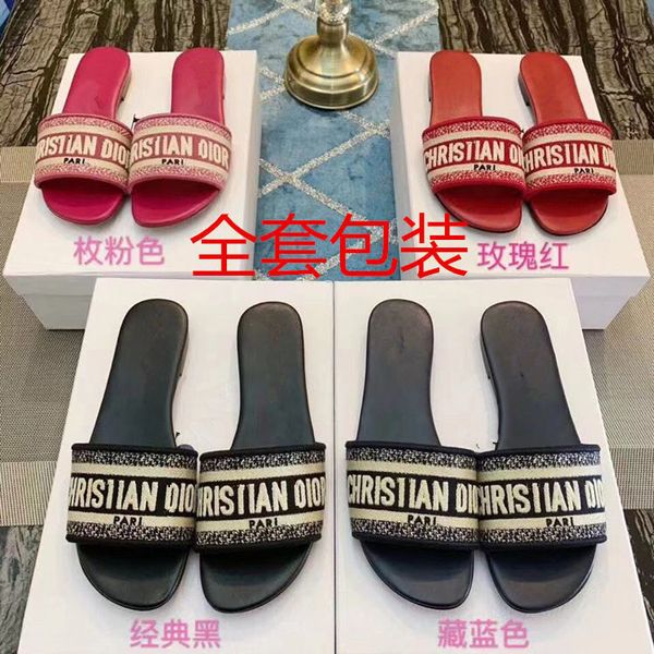 

sandals slippers d family letter embroidered slippers flat bottomed women's summer wear one word sandals[finished on april 30] zly zly, Black