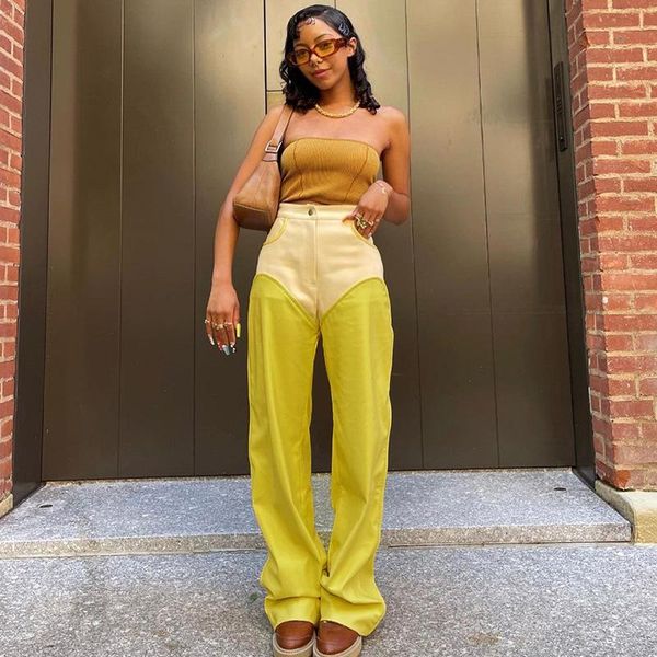 

women's pants & capris autumn women fashion casual solid patchwork buttons pocket high waist trousers street straight-leg female, Black;white