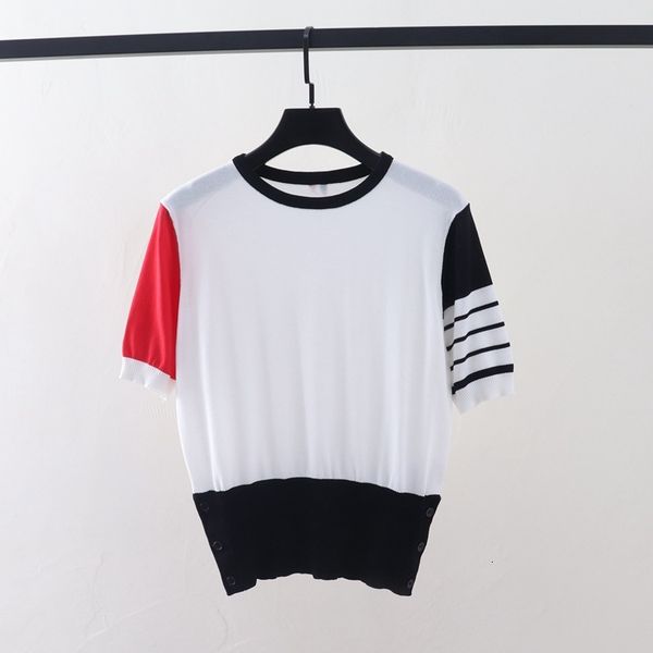 

t shirt 21 summer tb four bar short sleeve women's color blocking ice cool silk sweater net red loose pullover top, White