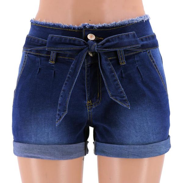 

women's jeans women casual flanged shorts summer fashion belt tassel slim high waist, Blue