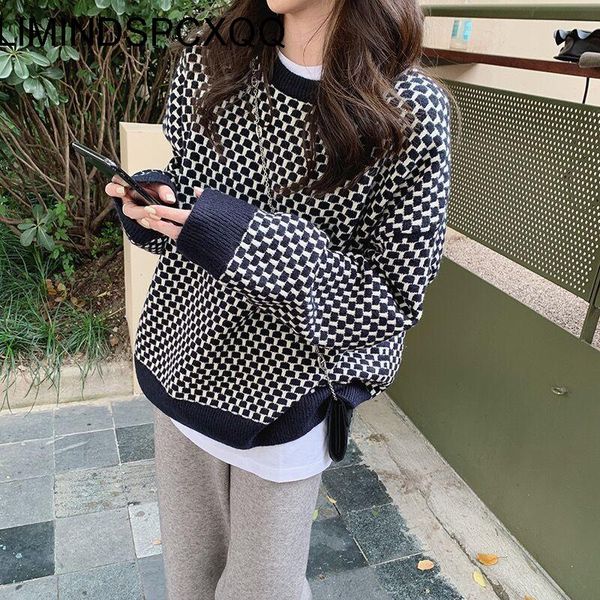 

women's sweaters 2021 knitted autumn korean fashion o-neck womens winter clothes women warm plaid pullovers long sleeve clothing loose, White;black