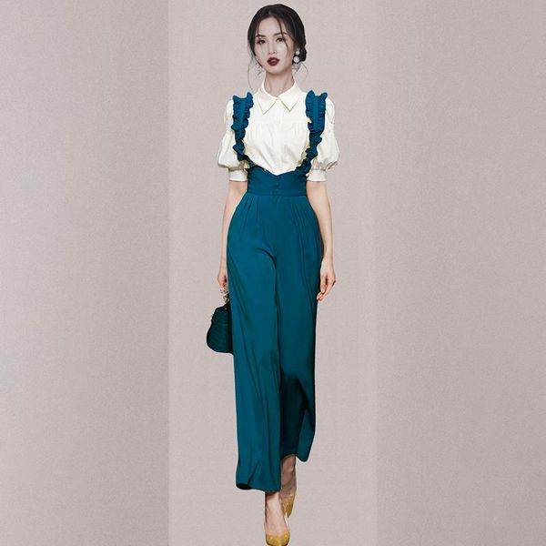 

women's two piece pants strap summer set women puff sleeve white shirts + wide leg long elegant korean office lady vintage c462