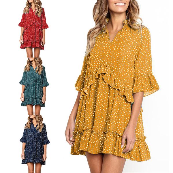 

vintage summer v neck women boho dress polka dots print causal loose short sleeve elegant vintage ruffle beach dress, Black;gray