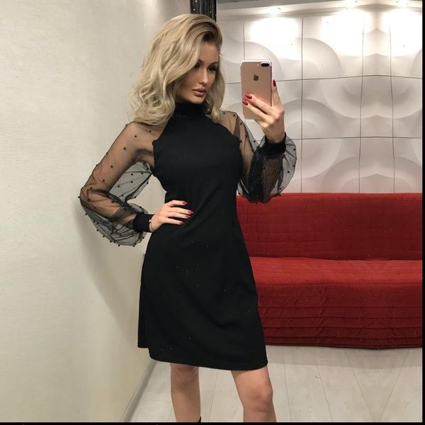 

elegant women dress 2018 autumn applique contrast mesh sleeve form fitting solid dress long sleeve a line mini party dress, Black;gray