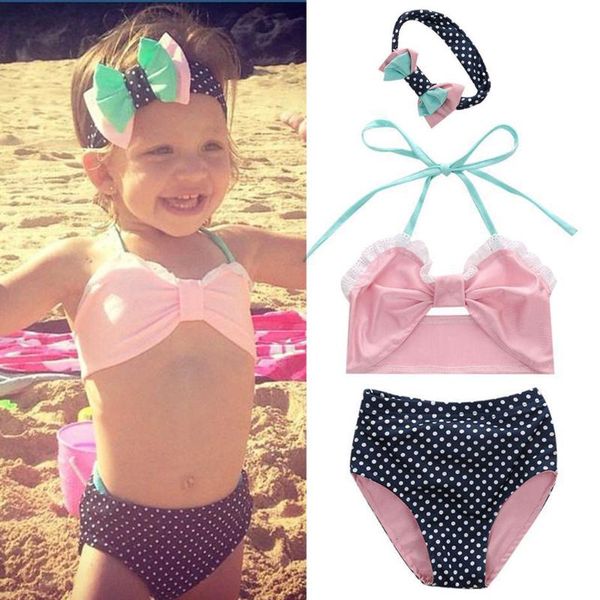 

summer toddler baby girls sleeveless bowknot bandage bikini swimwear swimsuit high waist bathing suit dot printed beachwear#p4, Black