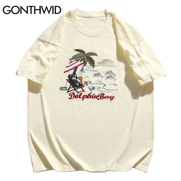 GONTHWID Magliette Harajuku Ricamo Pinguino Delfino Coconut Tree Streetwear Tee Shirts Hip Hop Moda Manica corta in cotone Top C0315