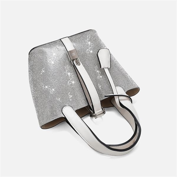 

light luxury chain women's 2021 new fashion full diamond portable messenger leather bucket cabbage basket bag