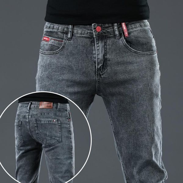 

men's jeans shzq cotton men pants lace up denim trousers black skinny slim hip hop sportswear elastic waist male, Blue