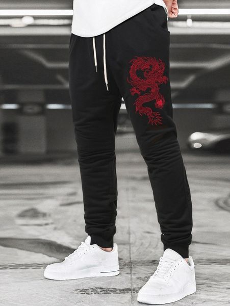 

men dragon print drawstring waist sweatpants u3df#, Black