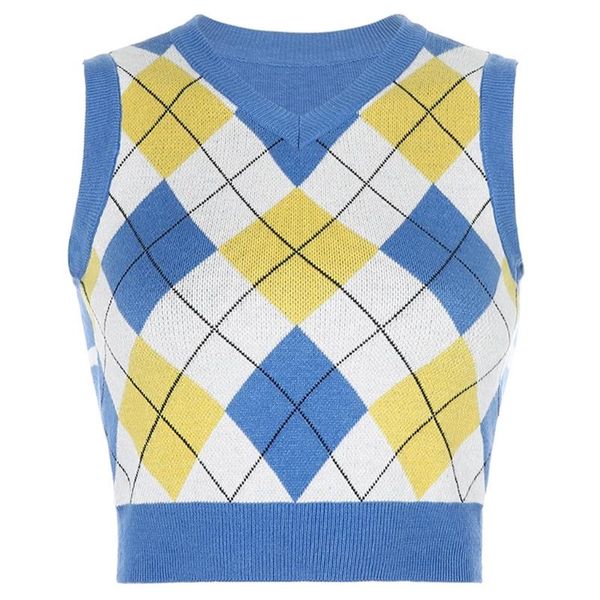

women's tanks & camis women british sleeveless sweater vest v-neck rhombus plaid knitted slim crop y1ac, White