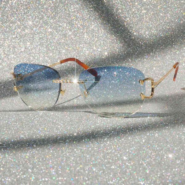 

2022 factory wholesale model stones fashion diamond men rimless rave festival shades luxury sun sunglasses, White;black