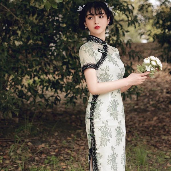 

ethnic clothing lace traditional chinese cheongsam women print flower slim evening party vintage handmade button qipao vestidos size s-, Red
