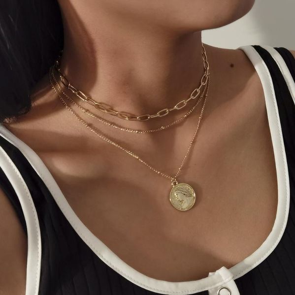 

pendant necklaces 3pcs goth vintage angel coin choker necklace for women collar multilayer snake chain jewelry, Silver