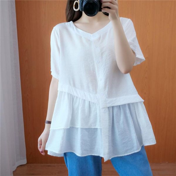 

women's blouses & shirts 2021 summer loose casual solid color ruffle round neck blouse thin fashion simplicity single-breasted, White