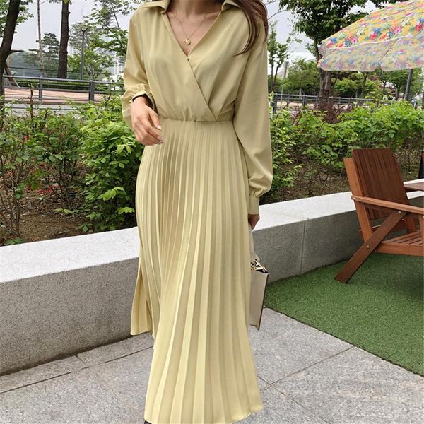 

casual dresses women korean elegant dress fashion v neck long sleeve high waist pleated vestidos woman clothing 2021 coisini, Black;gray