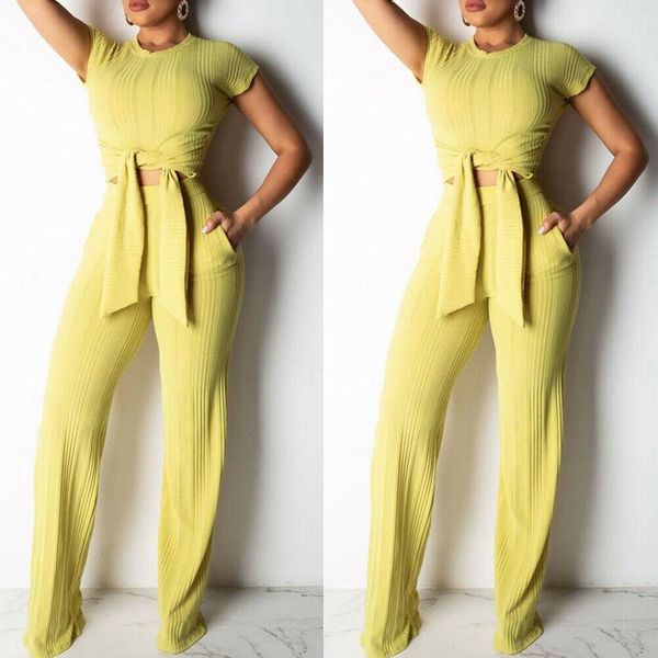 

women lady 2 pieces trousers set women 2021 high waist wide pants set summer fashion trousers and cropped o-neck lace-up set, Gray