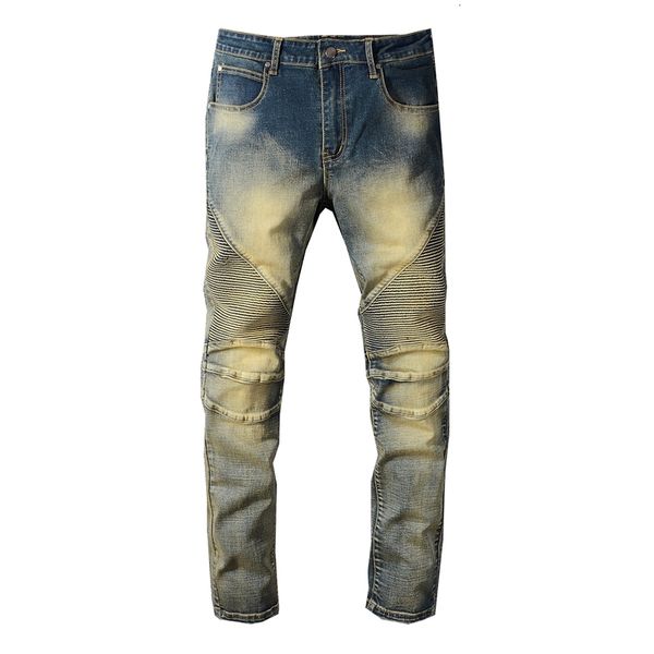 

Men's Trousers New Autumn Sorrowful Yellow Winter Retro Skinny Denim Knee Three-dimensional Bending Motorcycle Pants 1084 Yr6k, Blue