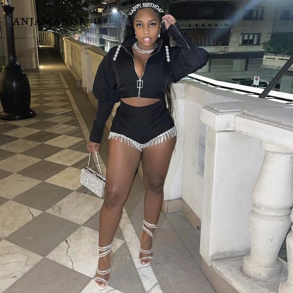 

women's tracksuits anjamanor two piece set lace tassel shorts and crop jacket fashion birthday outfits for women matching sets d41-, Gray