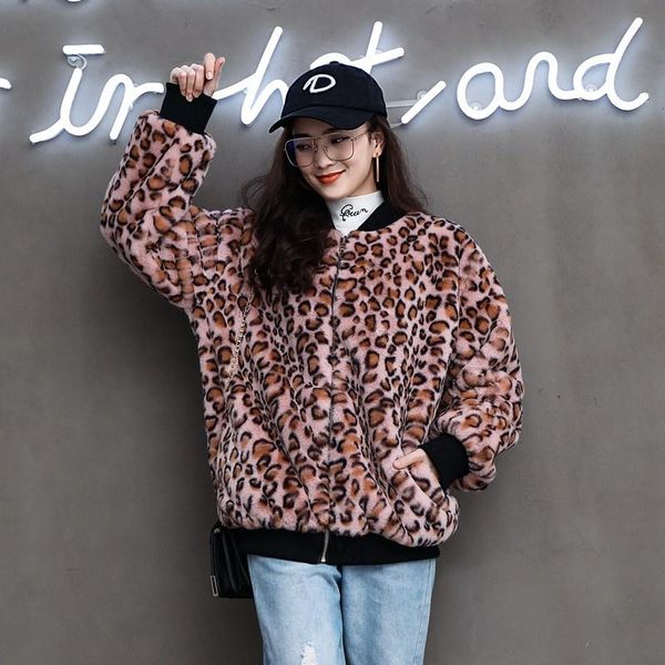 

women's fur & faux winter coat for women jacket leopard keep warm 2021, Black