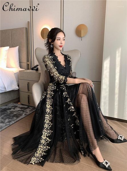 

fairy mesh dress for women 2021 spring and summer embroidery lace mid calf v-neck temperament goddess casual dresses, Black;gray
