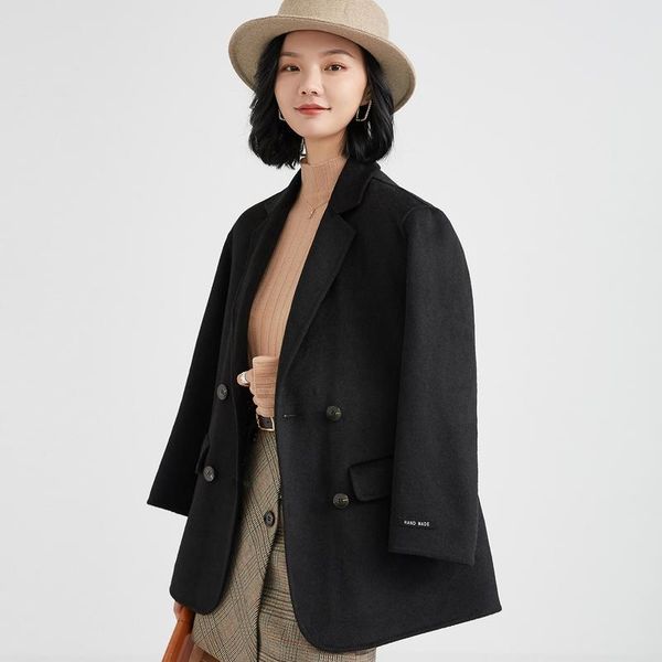 

blast new products] 2021 autumn and winter new coat suit collar solid color 100% wool double-sided woolen coat women, Black