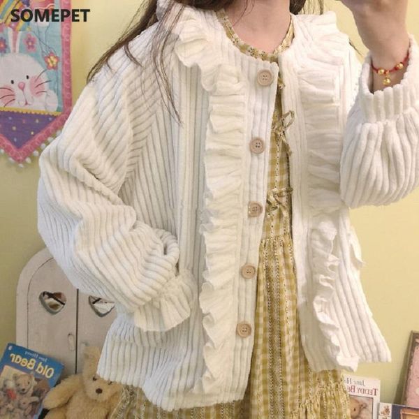 

women's jackets autumn japanese soft girls preppy style ruffles loose coats women spring cute chic lantern long sleeve corduroy cardiga, Black;brown
