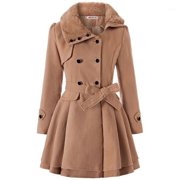 

women's wool & blends vintage solid overcoat 2021 winter fashion plush turn-down double breasted belt warm ladies coat long-sleeved cas, Black