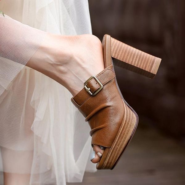

sandals women real cow leather open toe square high heels block platform summer shoes party wedding banquet retro classic, Black