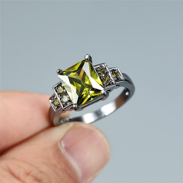 

wedding rings luxury female olive green crystal ring charm 14kt black gold for women punk bride square zircon engagement, Slivery;golden