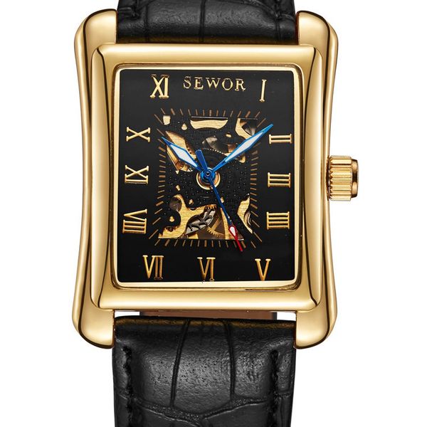 

sewor square hollow ba through men's mechanical belt watch, Slivery;brown