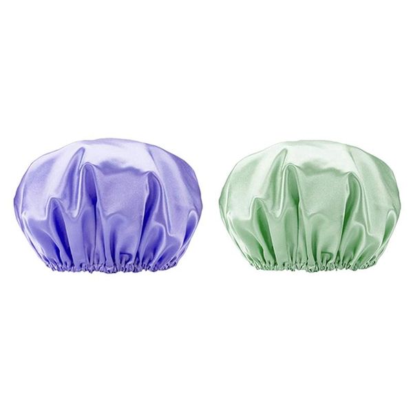 

shower caps 2pcs cap, for women, layers bathing hat hair protection reusable (purple & green)